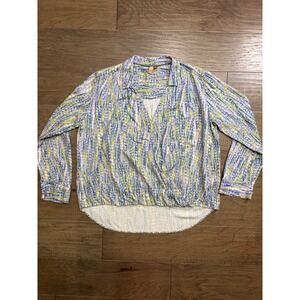 Pilcro Anthropologie Abstract Ikat Wrap‎ Front High Low Viscose Blouse Blue L